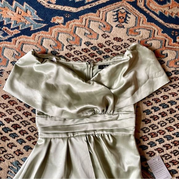 Lulu’s Always Celebrating Sage Green Satin Off-the-Shoulder Mini Dress - Picture 2 of 11